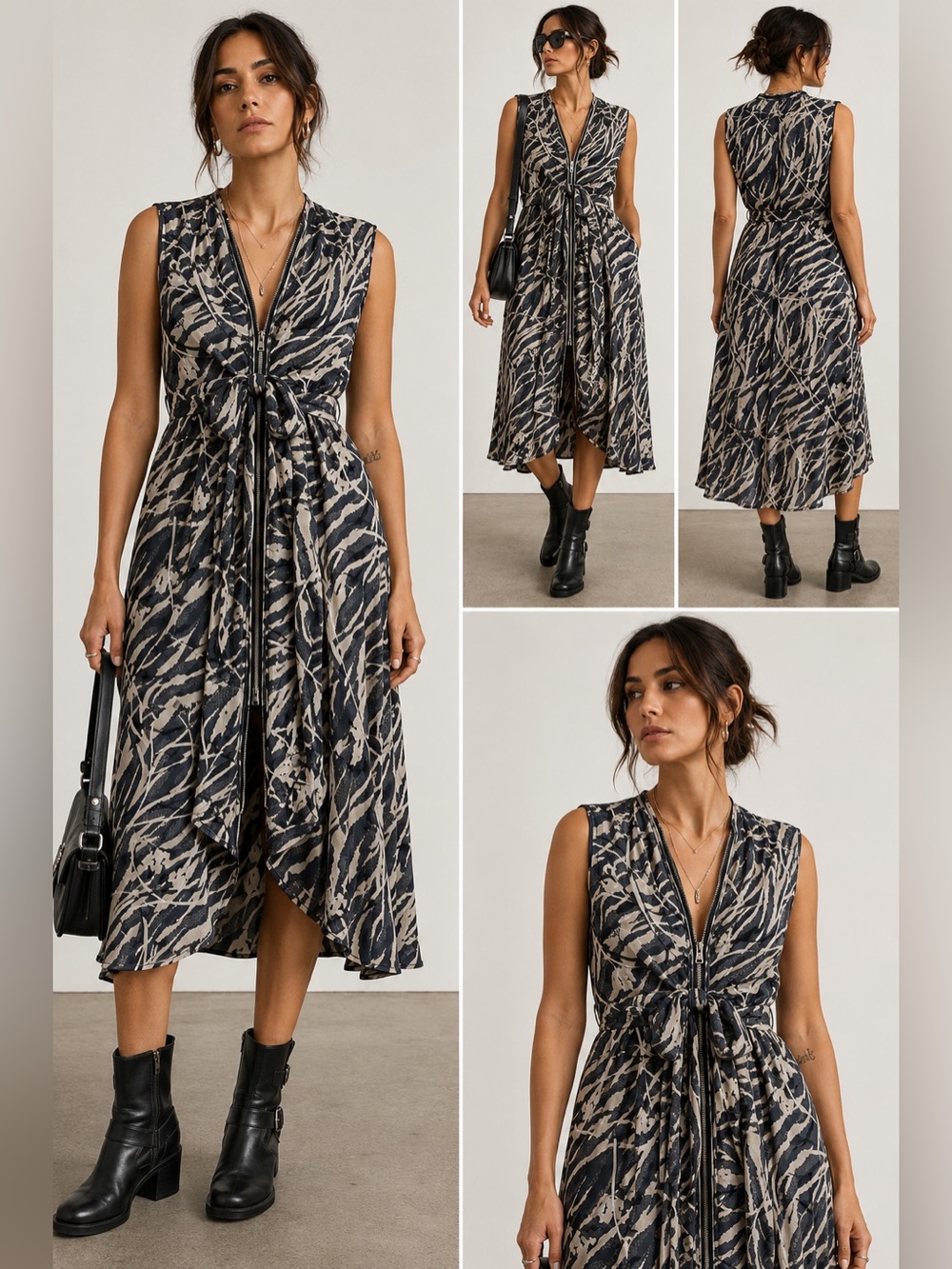 AllSaints Jayda Kazuno Zip Front Tie Waist Sleeveless Midi Dress L Abstract Prin